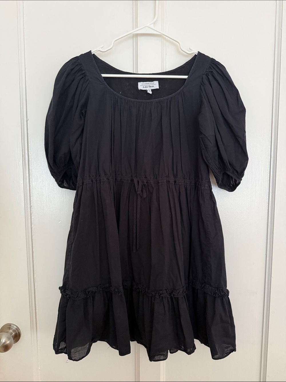 & Other Stories Black Puff-Sleeve Tiered Mini Dress with Scoop Neck